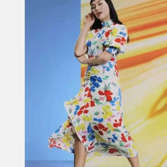 RIXO Floral Maxi Dress Mock Neck Cascade Ruffle Split - Picture 2 of 12